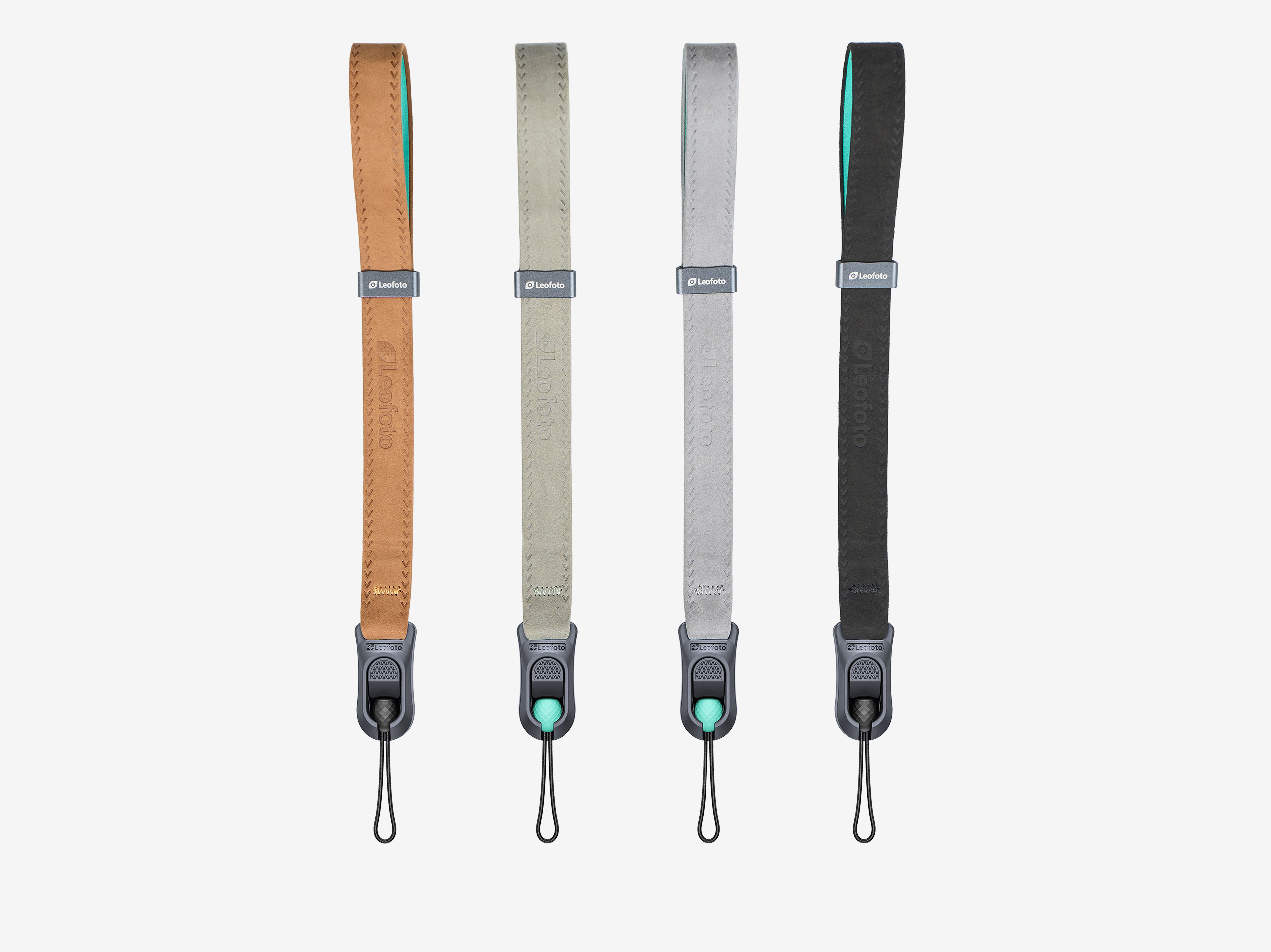 Full-length view of brown, green, grey and black Leofoto WS-02 wrist straps